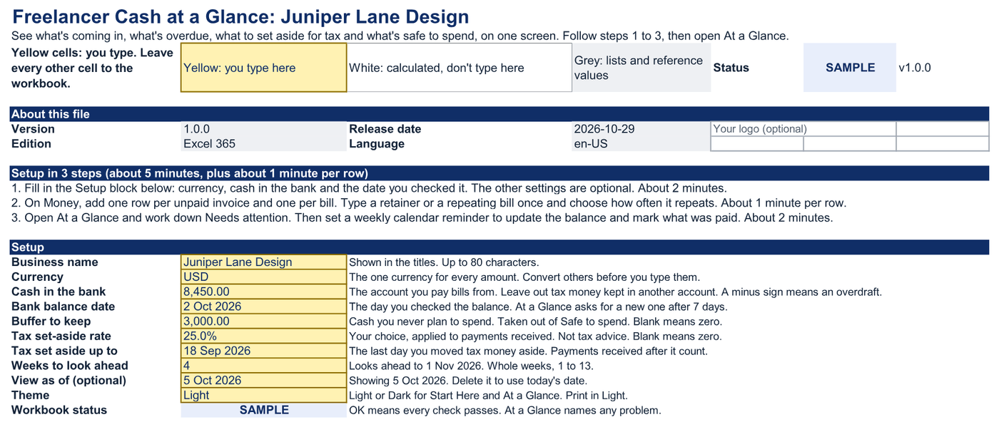 Start Here sheet of Freelancer Cash at a Glance: the color key, the three setup steps and the Setup block with cash in the bank, the buffer to keep and the tax set-aside rate.