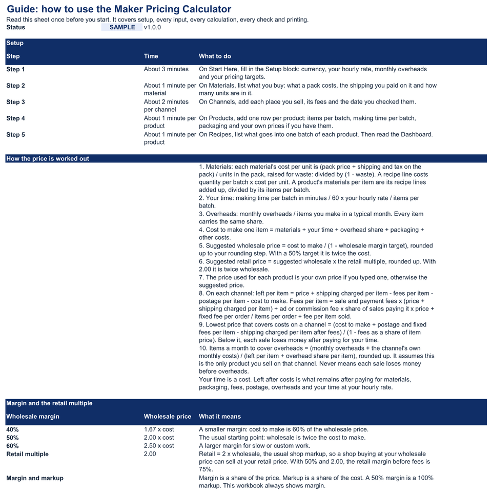 Guide sheet: the setup steps, each input defined, how each figure is calculated, and what the workbook does not do.