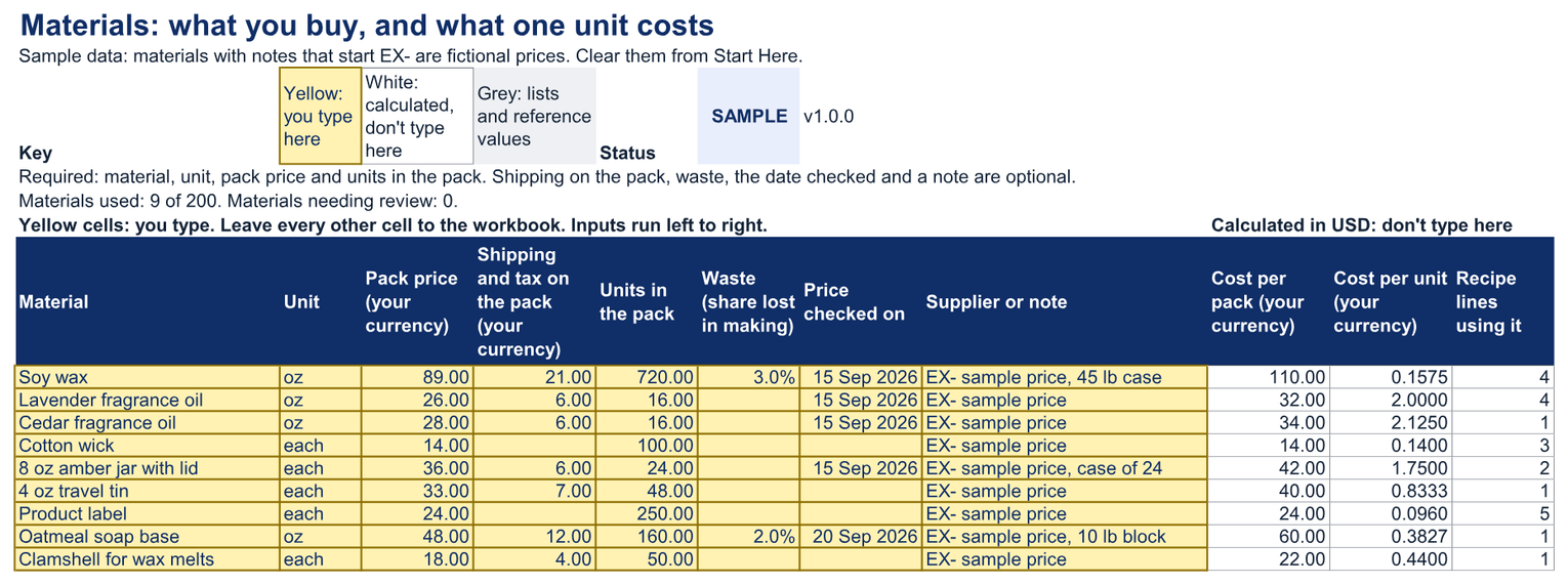 Materials sheet with demo rows: each material's unit, pack price, shipping, units in the pack, waste and cost per unit.