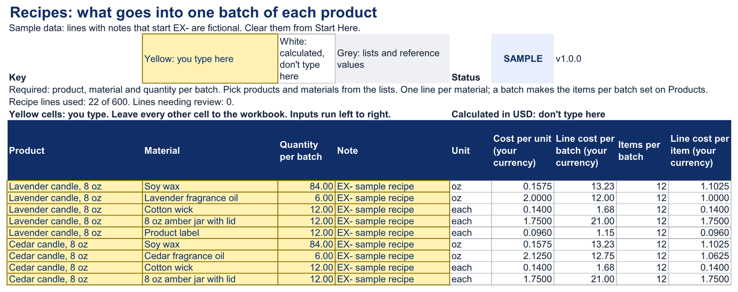 Recipes sheet with demo lines: a product, a material and the quantity used in one batch.